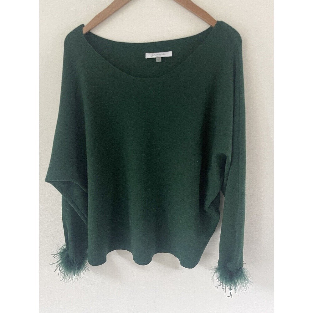 Sioni Womens Size XL Emerald Green Long Sleeve Feather Trimmed Boho Sweater
